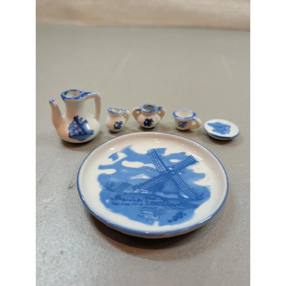 Vintage Miniature Windmill Tea Set 6 Piece Porcelain Dollhouse Nobel Hall Blue